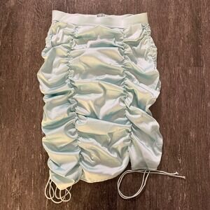 POL Ruched Drawstring Mini Skirt Light Blue Satin S